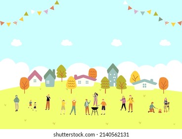 illustration of  village town landscape and people enjoying BBQ party