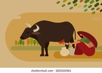 Illustration of a village woman milking a cow in the outdoor