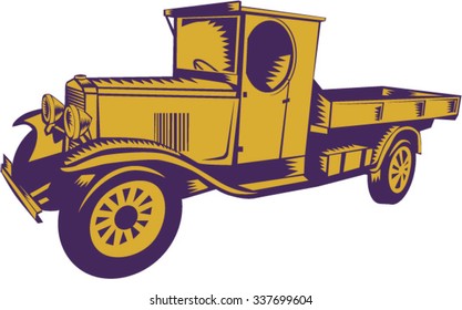 Illustration of a vintage 1920s Pick-up Truck viewed from side on isolated background done in retro woodcut style. 