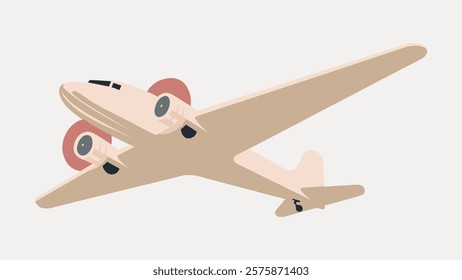 Illustration of a vintage airplane in flight. The airplane features a classic design with twin engines. The vintage airplane is depicted in a minimalist style. Isolated vintage vector element.