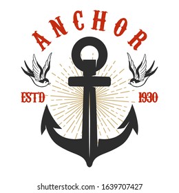 Illustration of vintage anchor with swallows in engraving style. Design element for logo, label, sign, poster, t shirt. Vector illustration