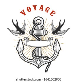 Illustration of vintage anchor with swallows in engraving style. Design element for logo, label, sign, poster, t shirt. Vector illustration