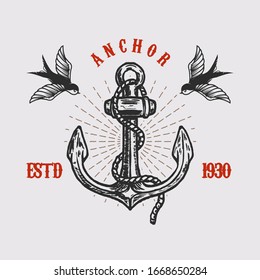 Illustration of vintage anchor with swallows in engraving style. Design element for logo, label, sign, poster, t shirt. Vector illustration