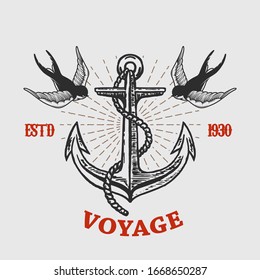 Illustration of vintage anchor with swallows in engraving style. Design element for logo, label, sign, poster, t shirt. Vector illustration