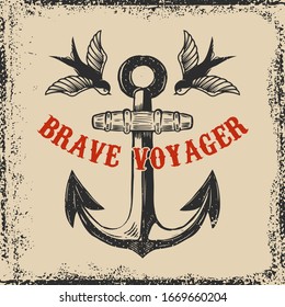 Illustration of vintage anchor with swallows in engraving style. Design element for logo, label, sign, poster, t shirt. Vector illustration