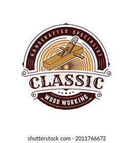 Illustration vintage badge wood working with wood shaver logo template