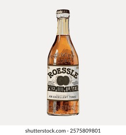 Illustration of a vintage beer bottle labeled 'Roessle Premium Lager.' The beer bottle is classic, showcasing a retro design with 'Premium Lager' branding. Vintage art, isolated vector element.