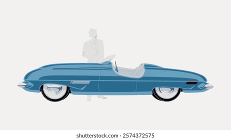 Illustration of a vintage blue car with a sleek design. A silhouette of a person in a suit and hat stands behind the car, adding a classic touch. Vintage art drawing, isolated vector element.