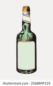 Illustration of a vintage bottle with a blank label. The bottle has a cork and a classic design. Vintage bottle art with a blank label for customization. Vintage illustration isolated on white, vector