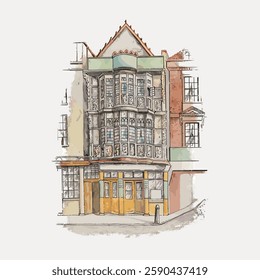 Illustration of a vintage building with intricate windows and detailed architecture. The building features ornate windows and a classic architectural style. Vintage art painting vector.