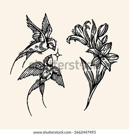 Illustration Vintage Bundle Two Swallows Flying Towards Lily Flowers Engraving Style