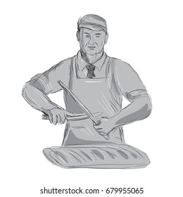 Illustration of a Vintage Butcher Sharpen Knife with cut of meat viewed from front done hand sketch Drawing style.