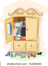 Illustration of a Vintage Cabinet Opened Wide to Reveal the Clothes Inside