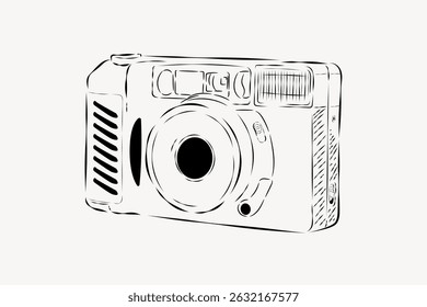Illustration of a vintage camera in black and white. The camera sketch features a lens, flash, and buttons. Vintage camera art with detailed camera elements. Line art illustration vector.