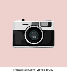 Illustration of a vintage camera on a pink background. The camera features a classic design with a large lens. Perfect for photography enthusiasts. Vintage vector illustration.