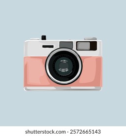 Illustration of a vintage camera with a pink body and large lens. Retro camera design, perfect for photography enthusiasts and vintage camera collectors. Aesthetic vector illustration.