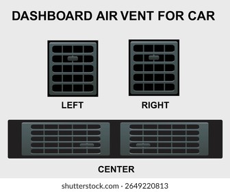 Illustration of vintage car air vents from dashboard, showing left, right, and center grille types. Great for automotive design, restoration, or technical references.