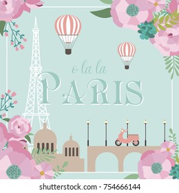 Illustration vintage card of Paris with landmark. Vector illustration