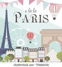 Illustration vintage card of Paris with landmark. Vector illustration