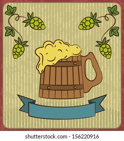 Illustration vintage card with wooden mug beer - vector