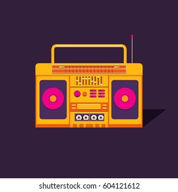 Illustration of a vintage cassette tape recorder. Nostalgia. Music of the 80s and 90s. Poster music retro party. Background for banner, invitation, postcard, ticket, card, album and others.