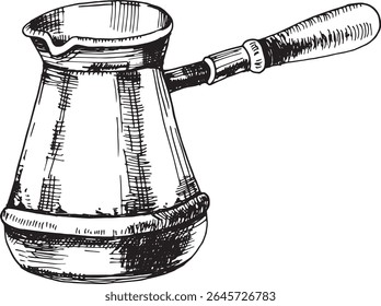 Ilustração de um cezve vintage (pote de café turco) com alça de madeira, desenhado à mão em estilo de gravura de esboço de tinta preta detalhada.

