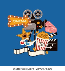 Illustration of a vintage cinema camera with a star, film reel, and popcorn, representing the art of moviemaking, drawn in a creative and bold vector style.
