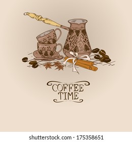 Illustration with vintage coffee turk copper, cups, spices and beans