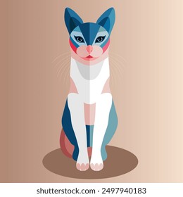 Illustration of Vintage color abstract cubist blue cat.Cubism style.Blue vintage aesthetic.Vector artwork suitable children.