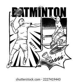 illustration in vintage comic style, unique and interesting depicting a sport of badminton