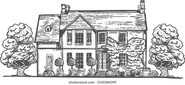 Illustration of a vintage country house surrounded by lush gardens. 