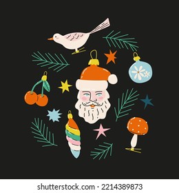 Illustration of vintage cute Christmas ornaments