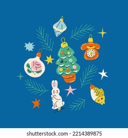 Illustration of vintage cute Christmas ornaments