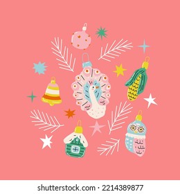Illustration of vintage cute Christmas ornaments