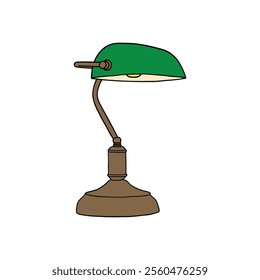 Illustration of a vintage desk lamp featuring a green shade and brass base. Ideal for office decor, interior design, vintage-themed projects, and creative graphic resources.