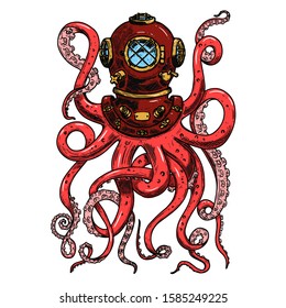 Illustration of vintage diver helmet with octopus tentacles. Design element for poster, card, banner, clothes decoration. Vector illustration