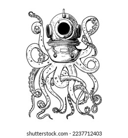 Illustration of vintage diver helmet with octopus tentacles. Design element for poster, card, t shirt. Vector illustration