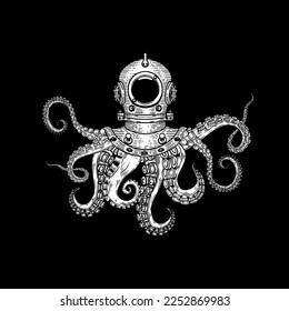 Illustration vintage diver helmet and octopus tentacles  Design element for poster  card  t shirt  Vector illustration