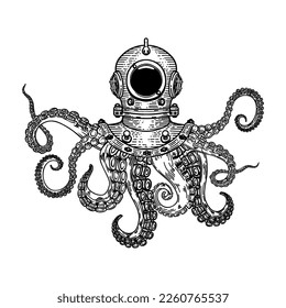 Illustration of vintage diver helmet with octopus tentacles. Design element for poster, card, t shirt. Vector illustration