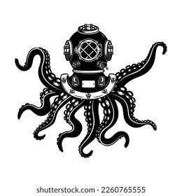 Illustration of vintage diver helmet with octopus tentacles. Design element for poster, card, t shirt. Vector illustration