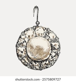 Illustration of a vintage earring with intricate design. The earring features a circular pattern with a central pearl-like element, showcasing vintage elegance. Isolated vintage vector element.