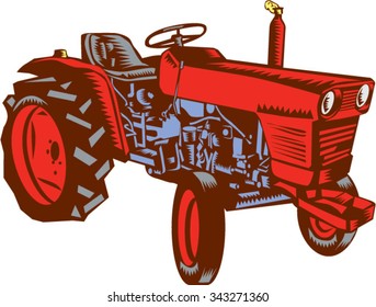 Illustration Of A Vintage Farm Tractor Set On Isolated White Background Viewed From The Side Done In Retro Woodcut Style. 