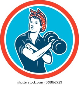 Illustration of a vintage female wearing polka dot headband working-out flexing muscle lifting dumbbell facing front set inside circle done in retro style.