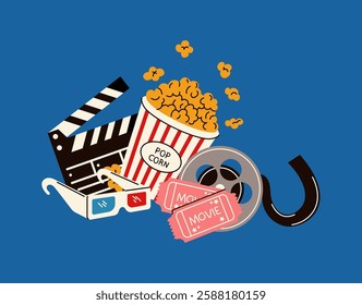 Illustration of a vintage film reel with movie tickets and popcorn, symbolizing the essence of classic cinema experiences, drawn in a stylish vector style.