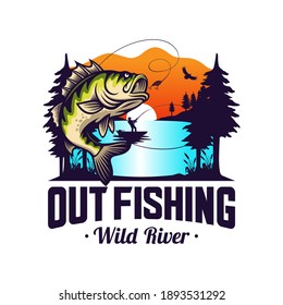 Illustration of a vintage fishing logo concepts. For emblems, labels, symbol, badge, icon, sticker on catching fish. Fish logo design vector template
