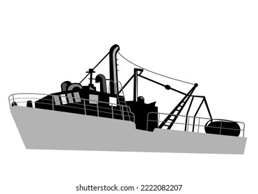 Illustration of a vintage fishing vessel, commercial fishing boat or trawler at sea viewed from side on isolated background done in retro style.