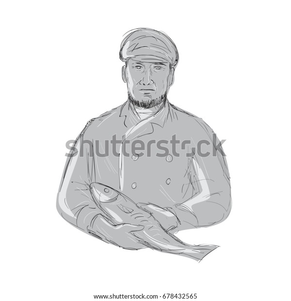 Illustration Vintage Fishmonger Wearing Cap Holding Stock Vector ...