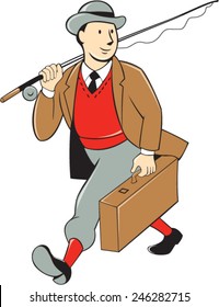 Illustration of a vintage fly fisherman tourist wearing bowler hat and vest with fly rod and reel carrying luggage walking looking to side on isolated background done in cartoon style .