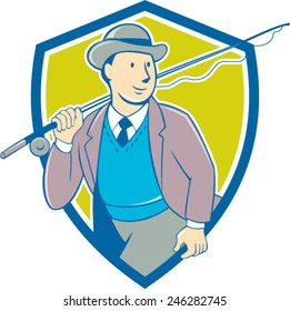 Illustration of a vintage fly fisherman tourist wearing bowler hat and vest with fly rod and reel set inside shield done in cartoon style .