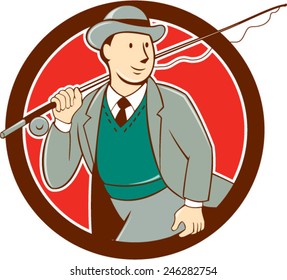 Illustration of a vintage fly fisherman tourist wearing bowler hat and vest with fly rod and reel set inside circle done in cartoon style .